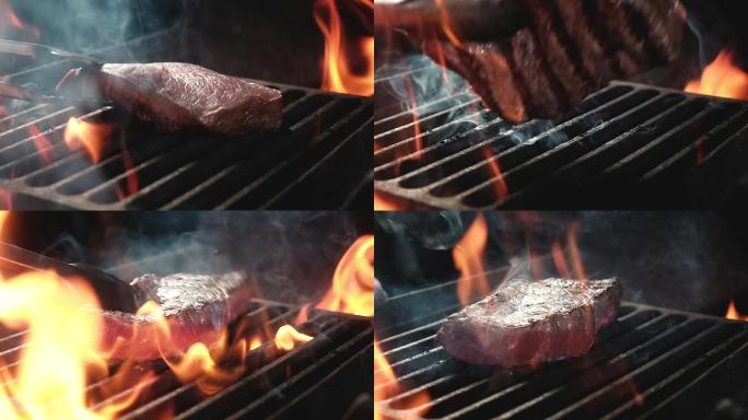 晚上烤肉厨师用钳子把肉放在烤架上烤