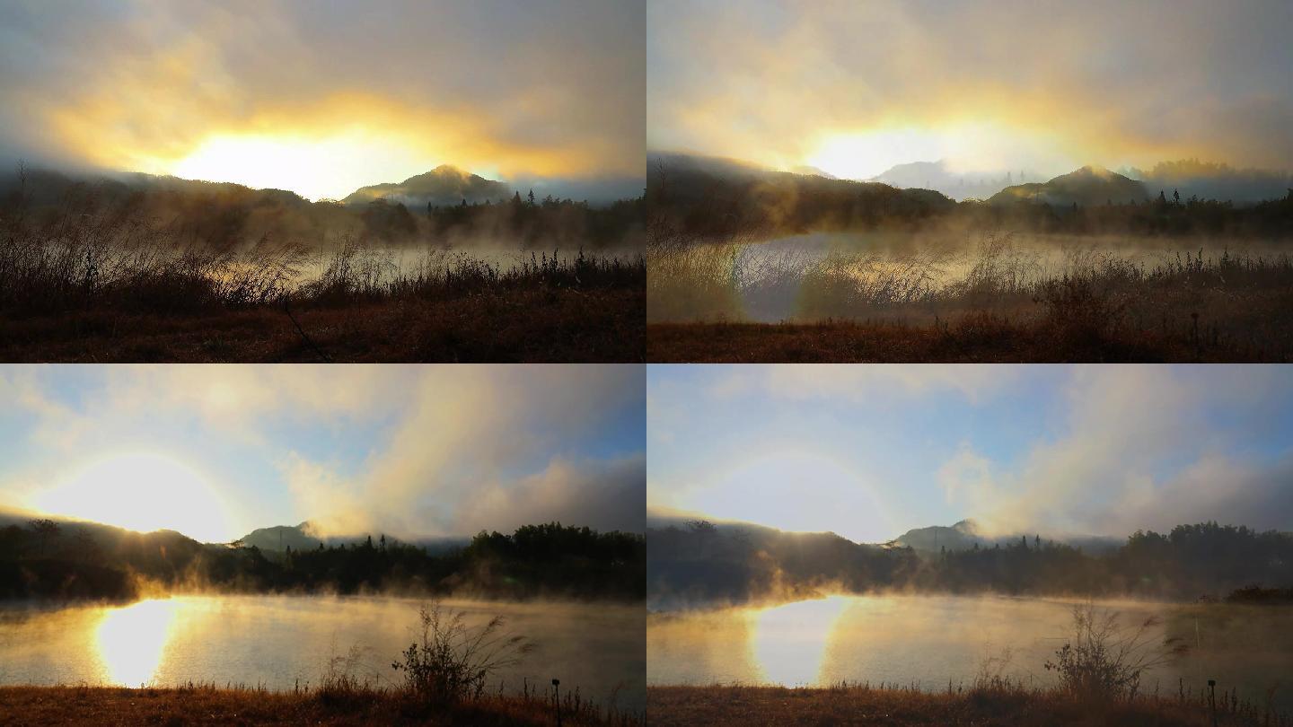 日出金光照射在山顶和雾蒙蒙的水面