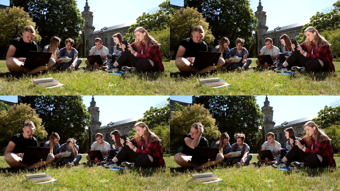 学生在草地上使用笔记本电脑习