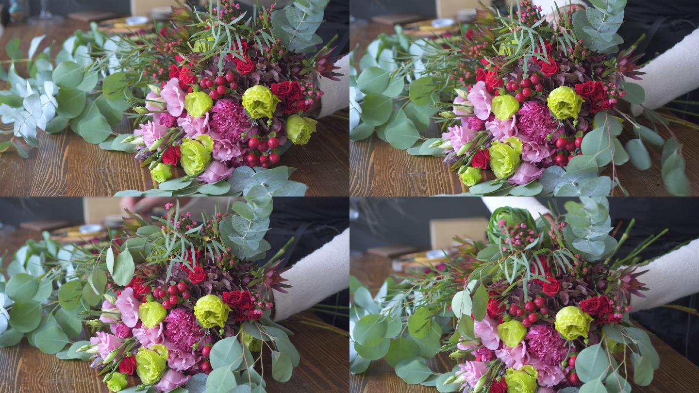 花艺师在花店制作美丽的花束