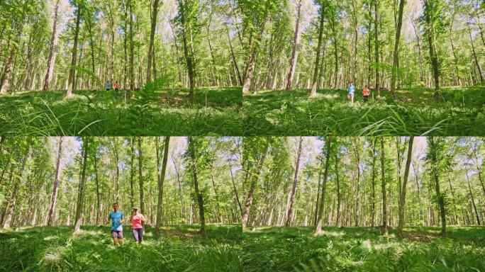 夫妇在长满蕨类植物的森林中奔跑
