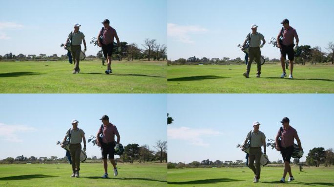 高尔夫球手在阳光明媚的日子里聊天