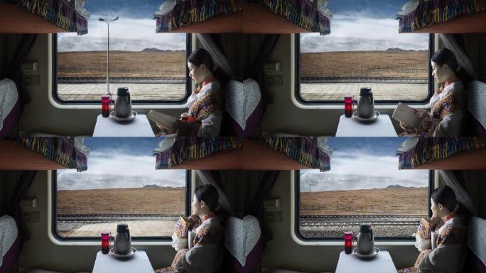 西藏女孩火车上看书