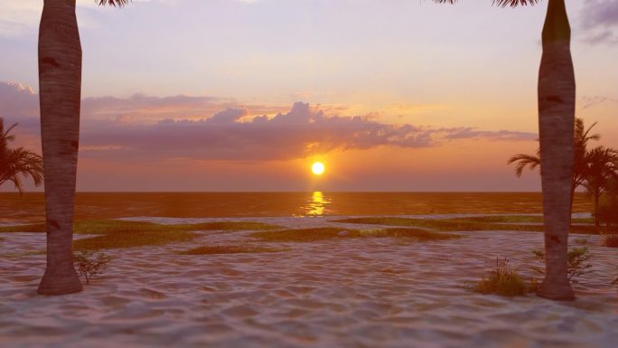 夕阳海边沙滩椰树度假