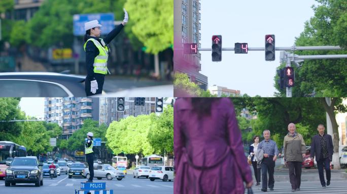 交警女交警十字路口指挥交通文明城市红绿灯
