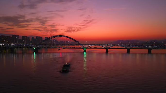 杭州钱塘江复兴大桥航拍日落