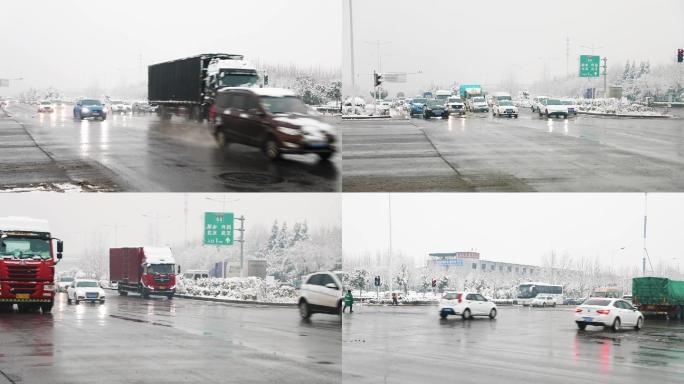 雪天交通车流道路开车驾驶