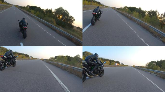 日落时分，跟随骑在乡村公路上的摩托车手。