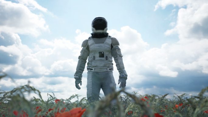 一位太空探险家穿过一片无边无际的花丛