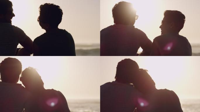 年轻夫妇在日落时分在海滩上享受浪漫时刻