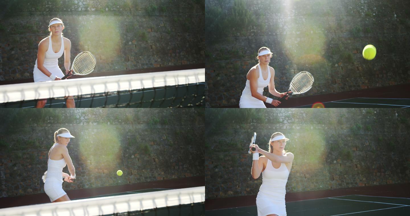 活跃的网球运动员打球慢动作升格镜头挥拍