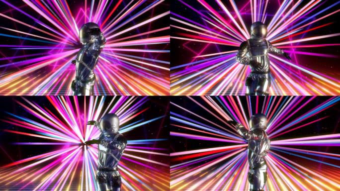 宇航员在迪斯科霓虹灯背景舞台上跳舞。