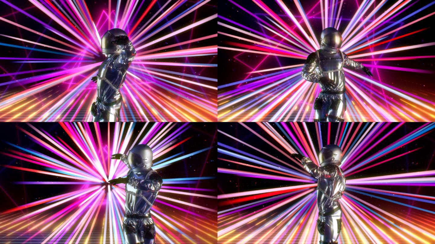 宇航员在迪斯科霓虹灯背景舞台上跳舞。