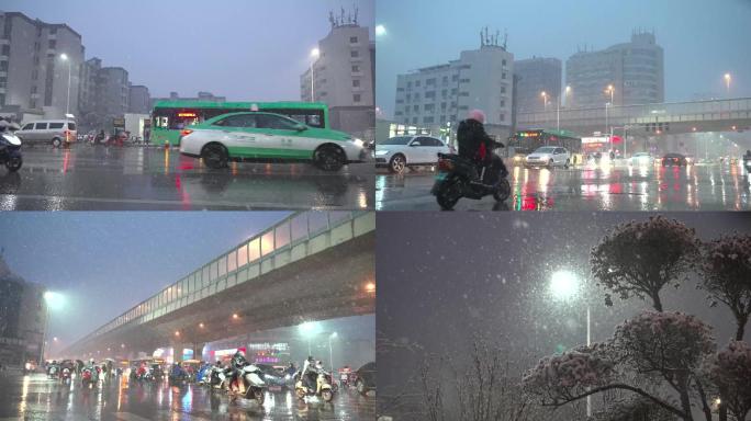 城市下雪道路行人