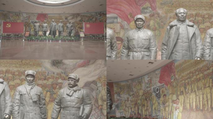 平津战役纪念馆、领导人雕像、红旗、壁画