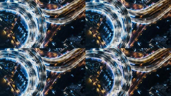 夜间立交桥和城市交通的T/L无人机视角