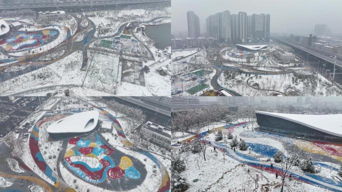 城市雪景郑州青少年公园孩子玩雪