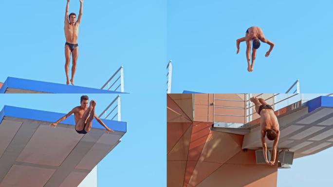 跳水运动员跳台训练跳下水花