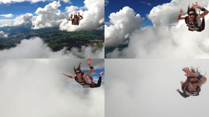 一名年轻女子跳伞员在自由落体时微笑