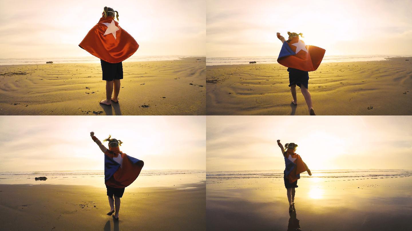 海滩上奔跑的年轻女孩超级英雄