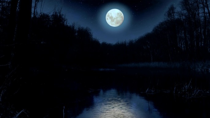 夜晚湖面上的月亮