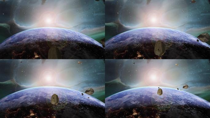 太空中向地球漂浮的小行星