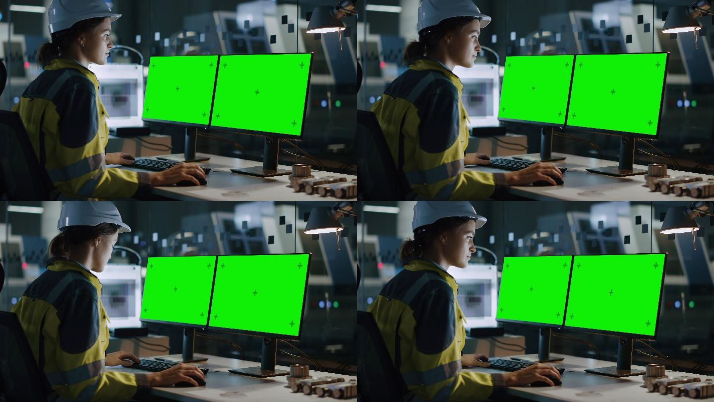 女工程师穿着安全背心和安全帽在电脑上工作