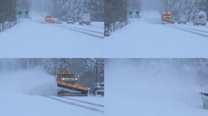 在暴风雪中行驶的铲雪车