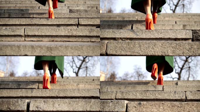 女子上楼梯高跟鞋脚步特写女性高跟鞋跟踪尾