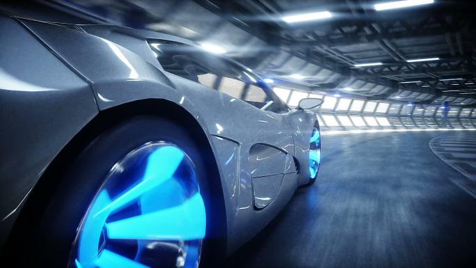 科幻隧道中的未来派汽车快速行驶