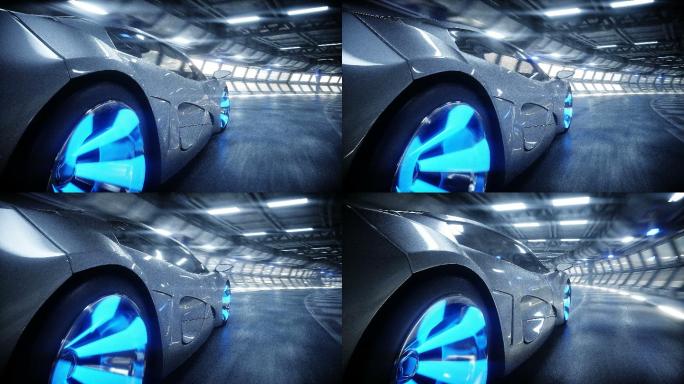 科幻隧道中的未来派汽车快速行驶