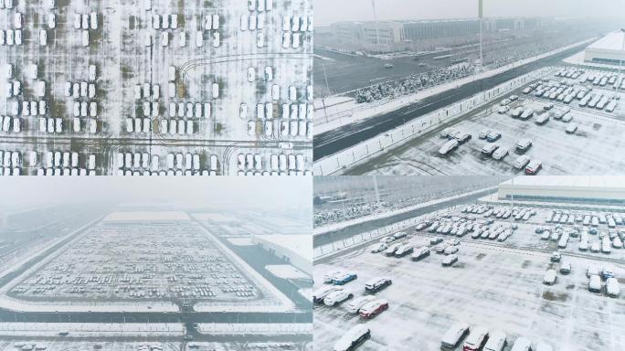 暴雪天气露天停车场航拍