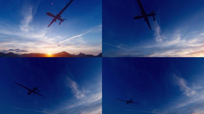 日落时分，一架军用无人机飞越沙漠平原