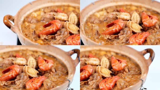 鲍鱼鲜虾煲浇汤慢动作升格视频