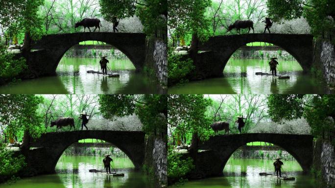 石桥上赶牛的老人和桥下竹排渔翁相遇
