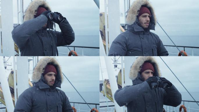 冒险家站在船上，用双筒望远镜观察