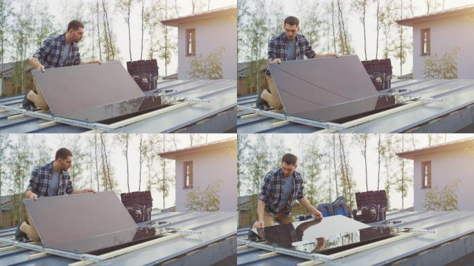 一名男子在屋顶上安装太阳能电池板。