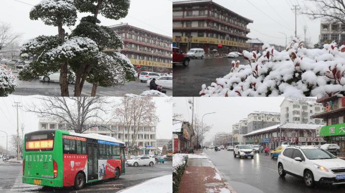 4K 雪中的路口车辆及行人