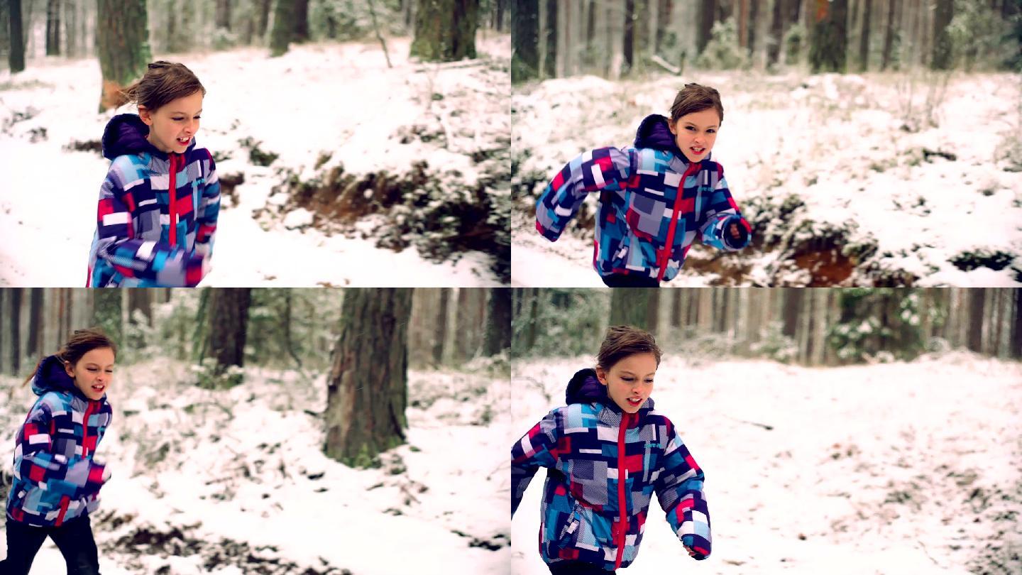一个女孩在冬季森林的雪地里慢跑