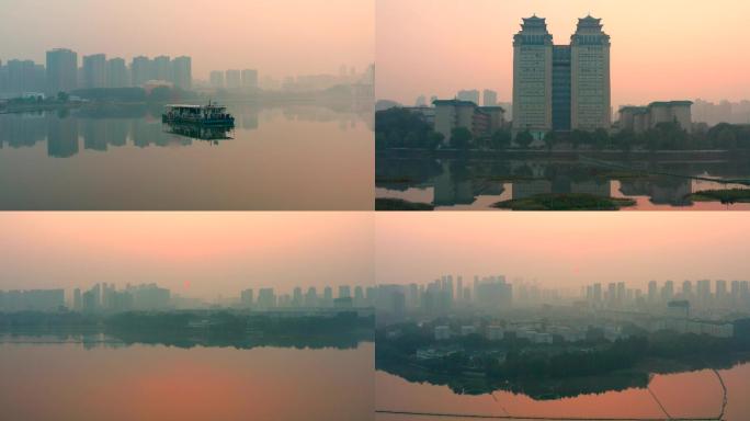 清晨日出的武汉南湖风光航拍