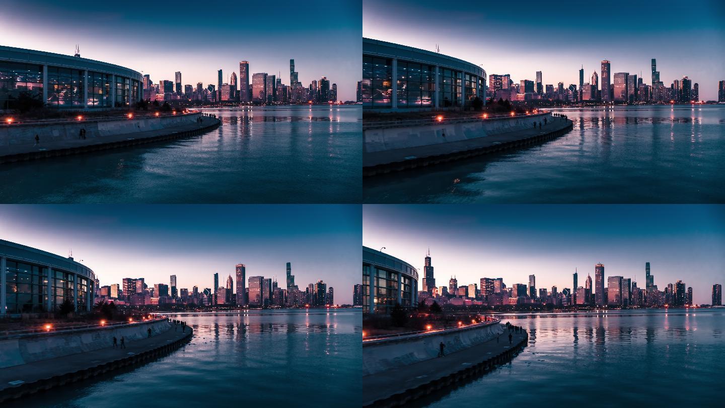 芝加哥市中心密歇根湖-空中拍摄