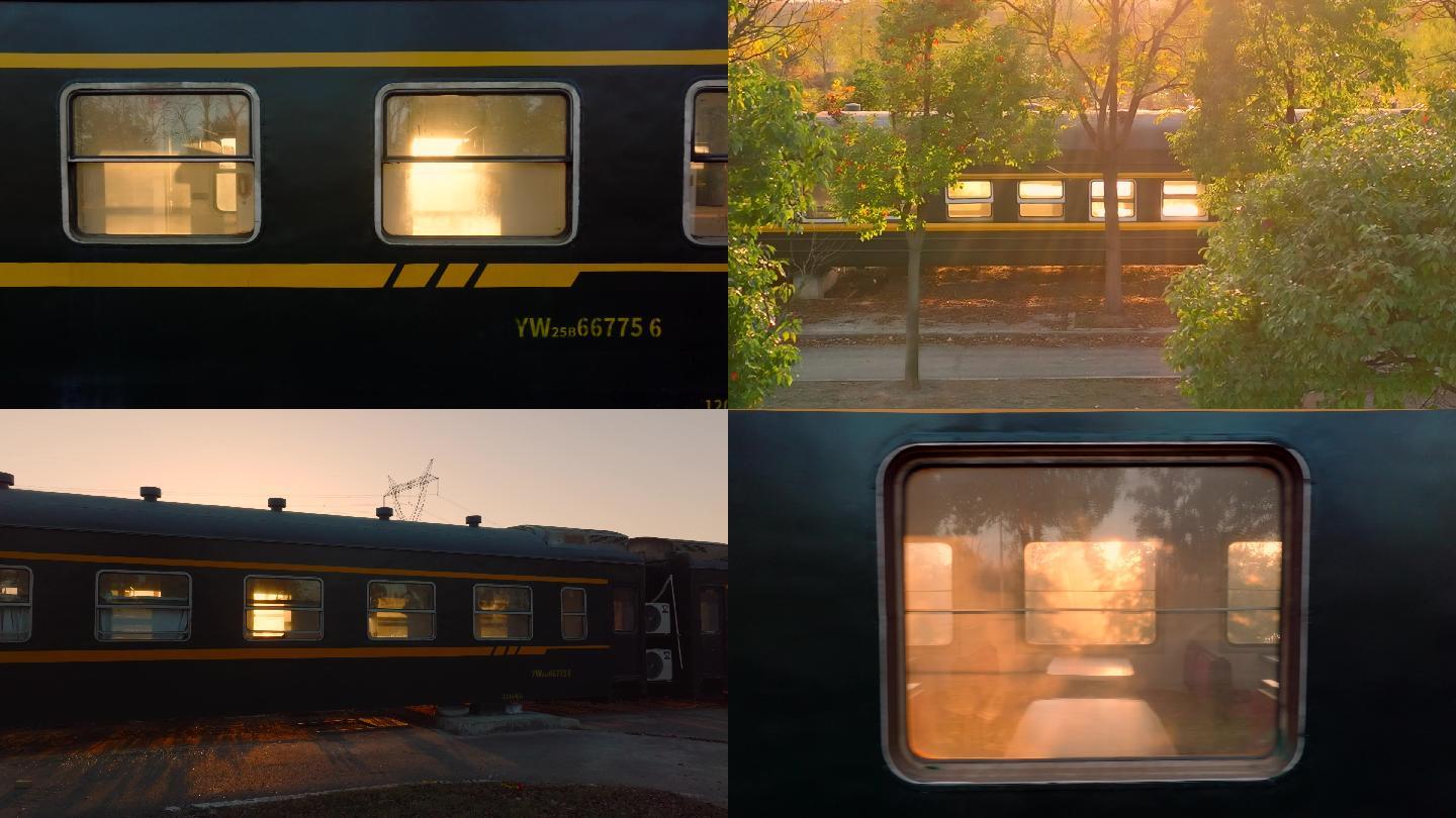 夕阳下的乡愁公园火车列车在金黄色光辉航拍