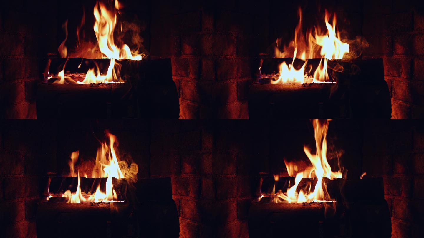 在家用壁炉中燃烧的温暖的火