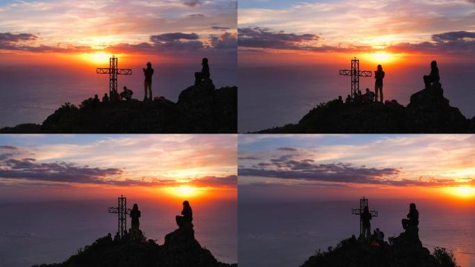 山顶观看海上日落系列航拍素材