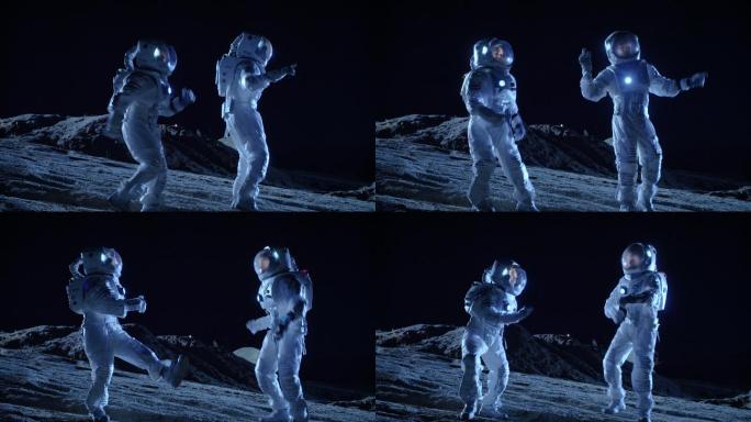男宇航员和女宇航员穿着宇航服在外星球表面跳舞。