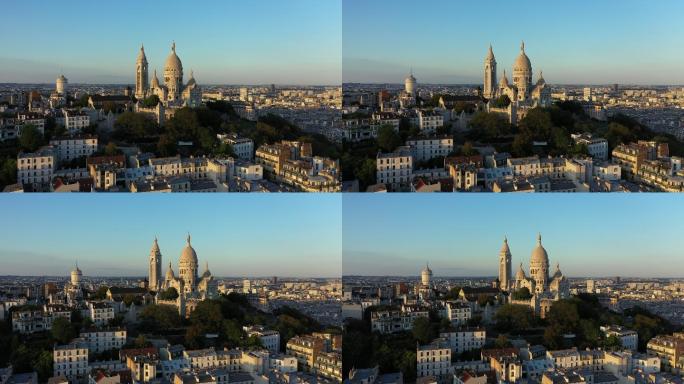日落时巴黎的蒙马特山圣心大教堂
