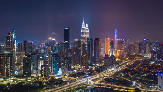夜景照明吉隆坡市区交通堵塞空中全景