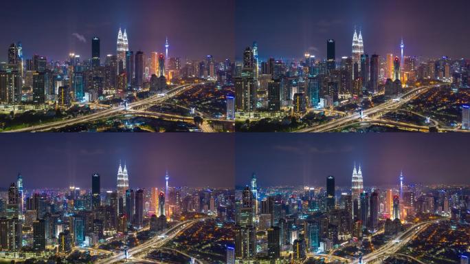 夜景照明吉隆坡市区交通堵塞空中全景