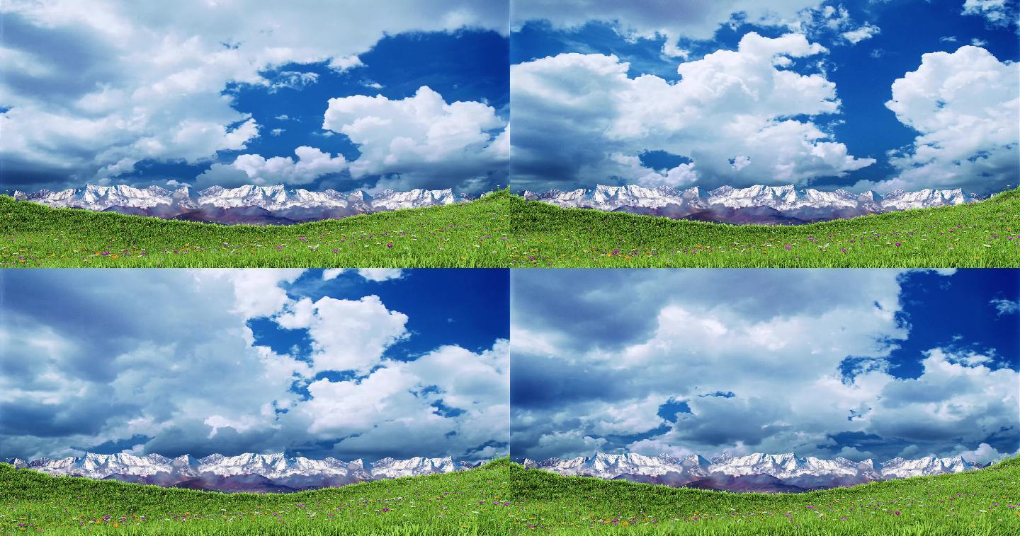 20秒循环大屏背景 雪山草地蓝天白云