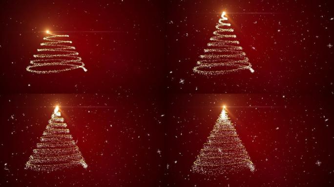 红色背景上的圣诞树辉光动画雪花